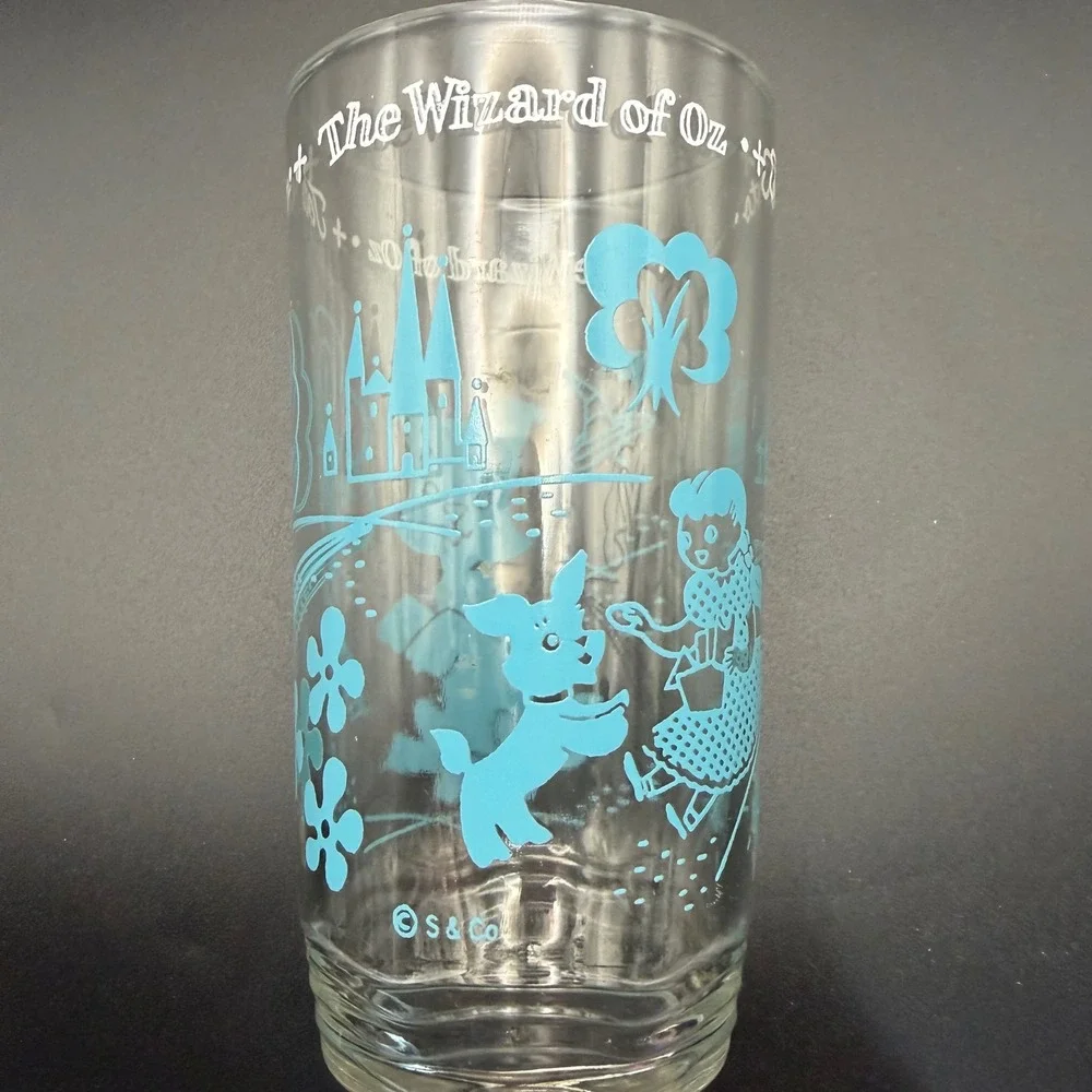 Vintage Wizard of Oz‎ Toto Teal Blue Glass Tumbler Wavy Bottom S&Co